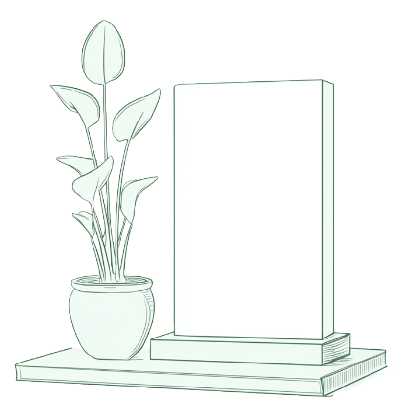 Faint line drawing of a potted plant and a book